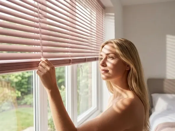 Win $5,000 Toward Blinds To Go Window Treatments, woman adjusting pink blinds in morning light