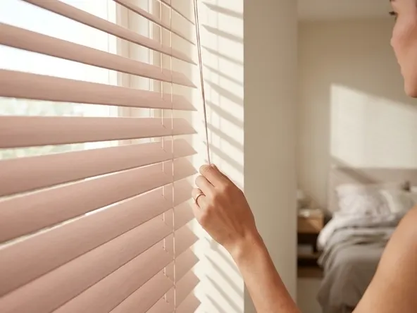 Win $5,000 Toward Blinds To Go Window Treatments, hand adjusting cord on soft pink blinds