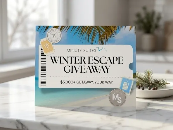 Win $5,000 Winter Escape Getaway Package, elegant marble surface with seasonal greenery styling