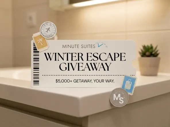 Win $5,000 Winter Escape Getaway Package, minimalist bathroom vanity with blurred backdrop