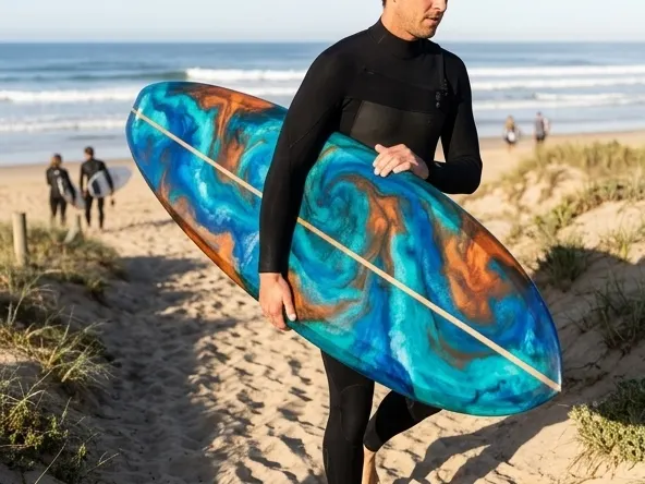 Win a Custom Almond Surfboard Design Contest, surfer carrying custom board to water