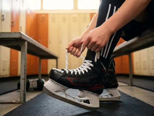 Win up to $2000 in Hockey Gear, player lacing up skates before game