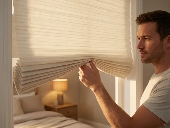 Up to 30 Free Window Treatment Samples, man lowering roman shade at sunset