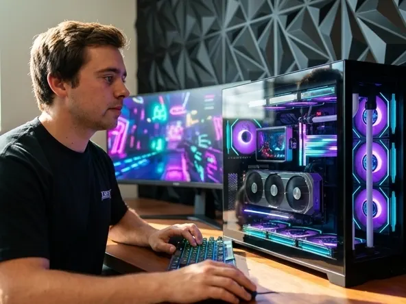 Win Project Fuji Gaming PC and Alienware Monitor, gamer at desk with RGB keyboard and lit PC
