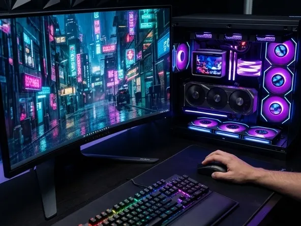 Win Project Fuji Gaming PC and Alienware Monitor, hands ready at illuminated gaming workstation