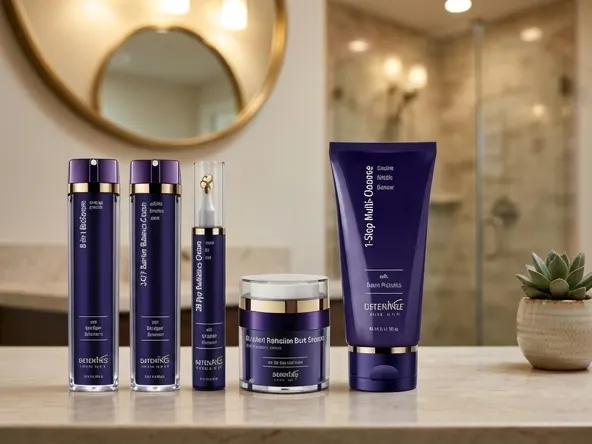 DefenAge 8-in-1 BioSerum Trial Sample, serum displayed on modern bathroom counter