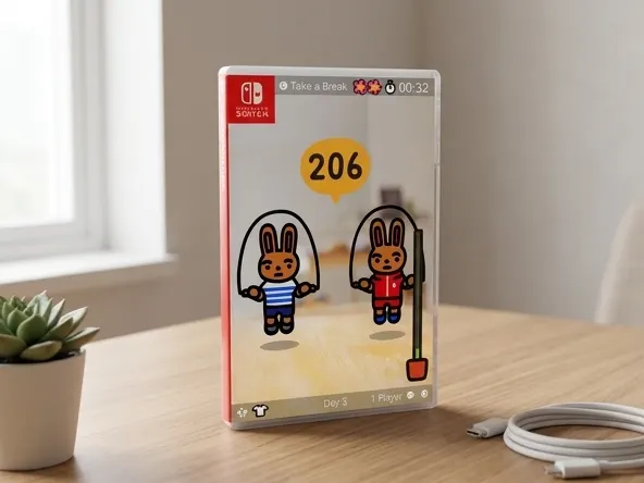 Jump Rope Challenge Nintendo Switch Game, game case on styled wooden desk