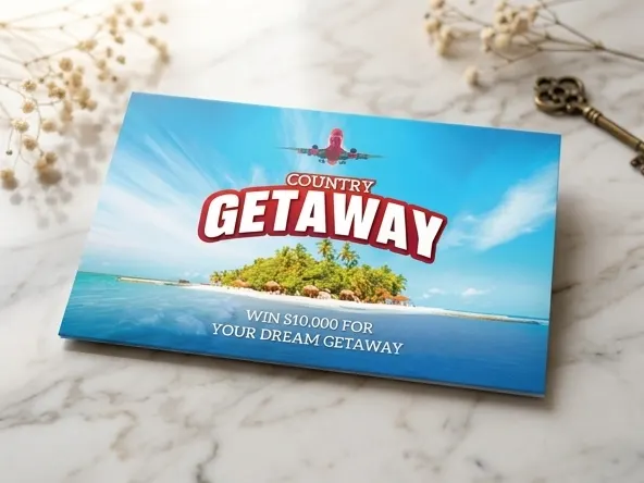 Win $10,000 Country Getaway Cash, prize entry gleaming on marble surface