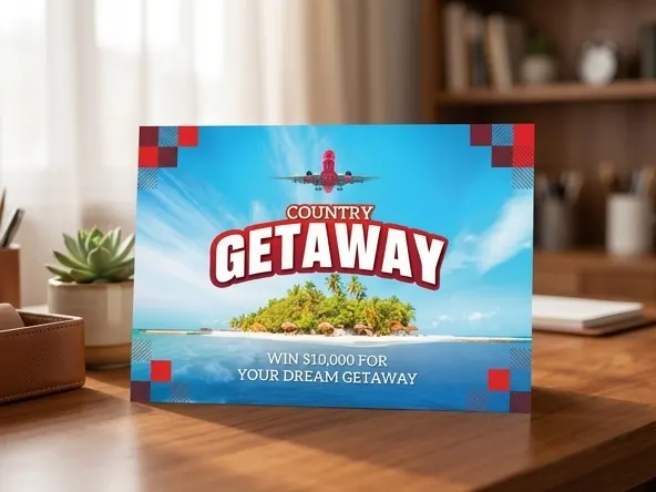 Win $10,000 Country Getaway Cash, opportunity displayed on contemporary workspace