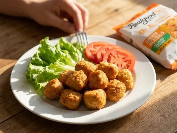 Win a Walmart Gift Card or Real Good Foods Coupons, crispy golden chicken chunks on plate