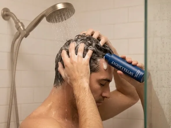 Intelligent Super Volumizing Shampoo or Hair Building Fibers, man shampooing hair with volumizing lather