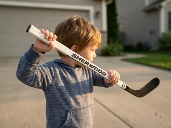Win Autographed Sherwood Hockey 2026 Mini Stick, young player readies mini stick shot