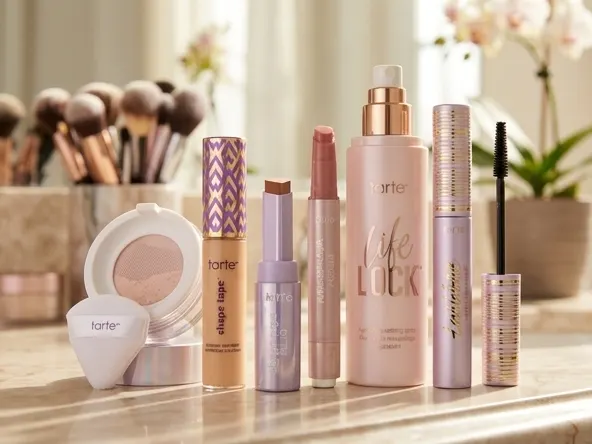 Win Tarte 2026 Holiday Collection Set, elegant cosmetics displayed on bathroom counter