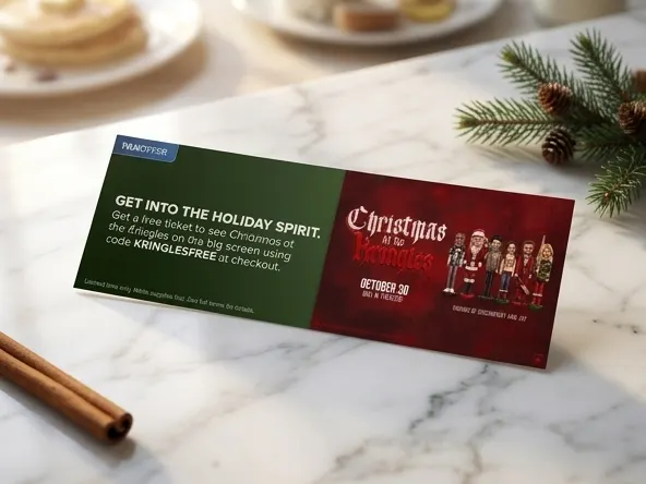Free Movie Ticket to Christmas at the Kringles, holiday ticket on marble surface