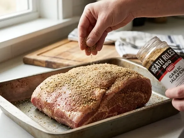 Win Backyard BBQ Prize Package for Veterans, sprinkling rub on raw pork shoulder