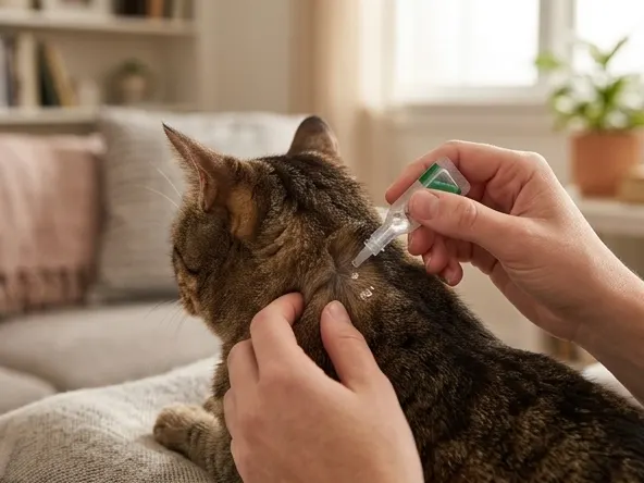 FirstAct Plus Flea & Tick Drops for Cats, applying liquid drops to cat's neck