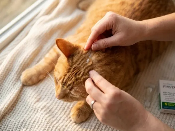 FirstAct Plus Flea & Tick Drops for Cats, protective treatment applied to resting cat