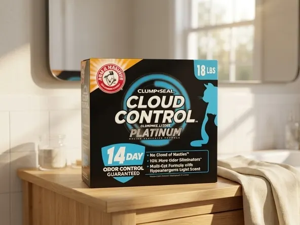 ARM & HAMMER Platinum Cat Litter Sample, product displayed in modern bathroom setting