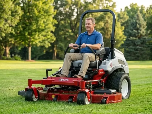 Win USA 250 Lazer Z X-Series Mower, operator mowing large residential lawn in daylight