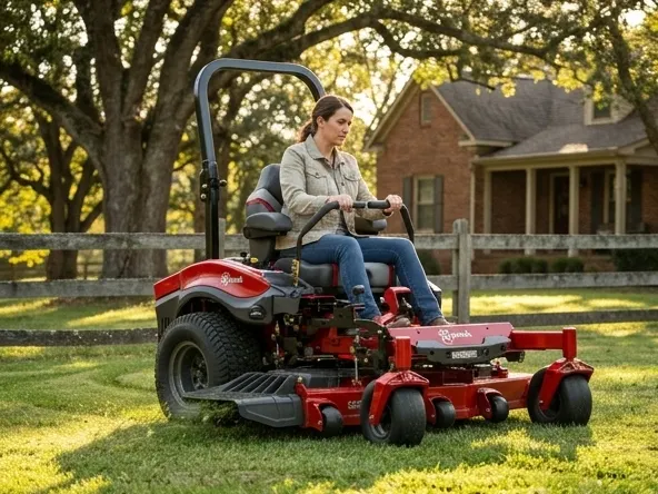 Win USA 250 Lazer Z X-Series Mower, woman steering mower through curved lawn section