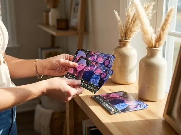 Walgreens Retro Mini Photo Print Sets, hands arranging small printed photos on shelf
