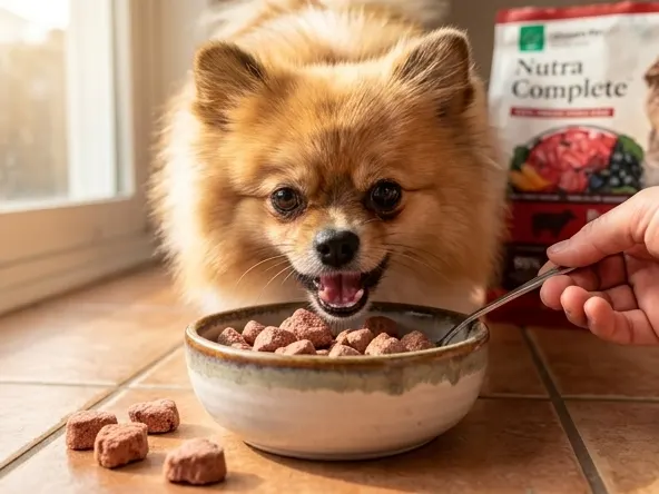 Win Nutra Complete Freeze-Dried Raw Dog Food, dog eagerly eating freeze-dried kibble from bowl