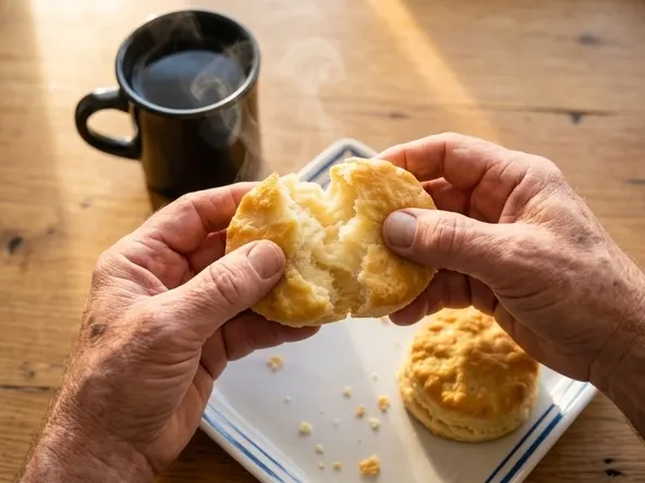Biscuit Belly Free Meal for Veterans, hands breaking apart warm biscuit