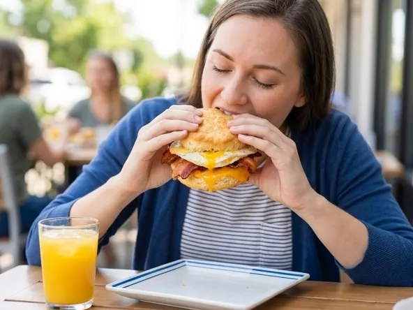 Biscuit Belly Free Meal for Veterans, woman enjoying hearty breakfast sandwich
