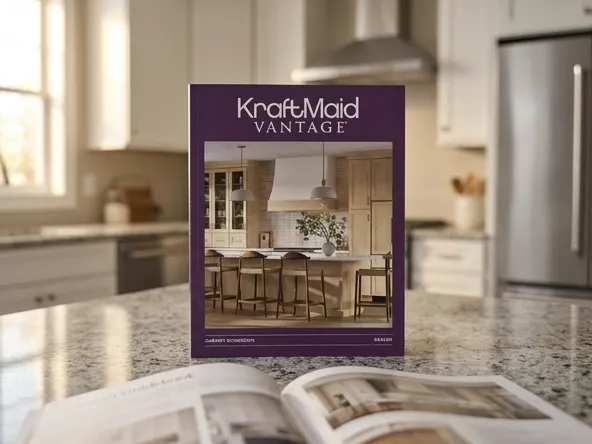 KraftMaid Kitchen Remodeling Guidebook, reference material in modern kitchen workspace