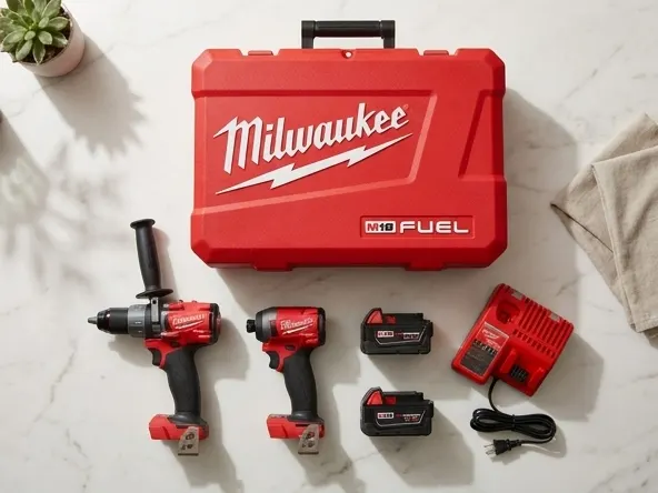 Win Milwaukee Tool Upgrade Package, product displayed on styled marble surface