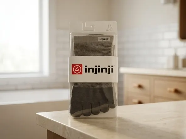 Injinji Wear Test Program Toesocks, close-up view in bright bathroom setting