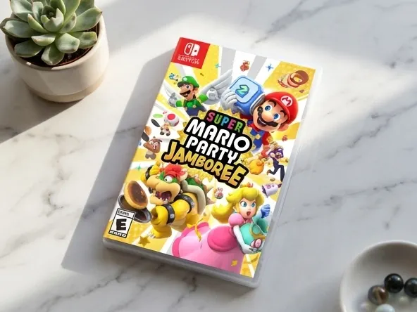 Win Nintendo Switch 2 and Super Mario Party, product gleaming on marble surface