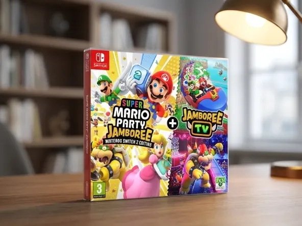 Win Nintendo Switch 2 and Super Mario Party, product displayed in home office setting