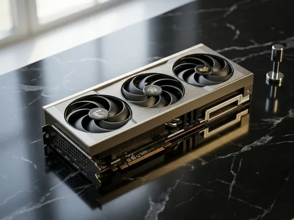 Win AMD Radeon RX 9070 XT Valor Mortis Graphics Card, sleek product on luxe marble surface