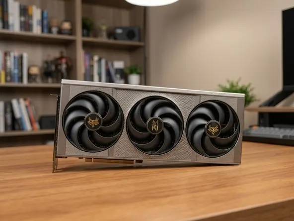 Win AMD Radeon RX 9070 XT Valor Mortis Graphics Card, tech product in home workspace setting