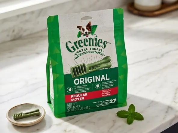 Greenies Dental Dog Treat Sample, close-up product on marble with props