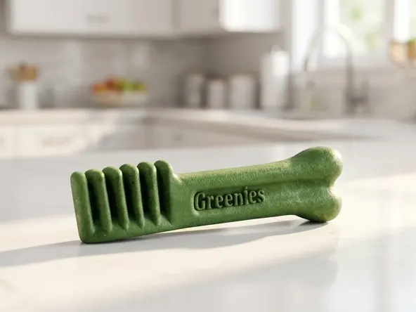 Greenies Dental Dog Treat Sample, product on kitchen counter in daylight