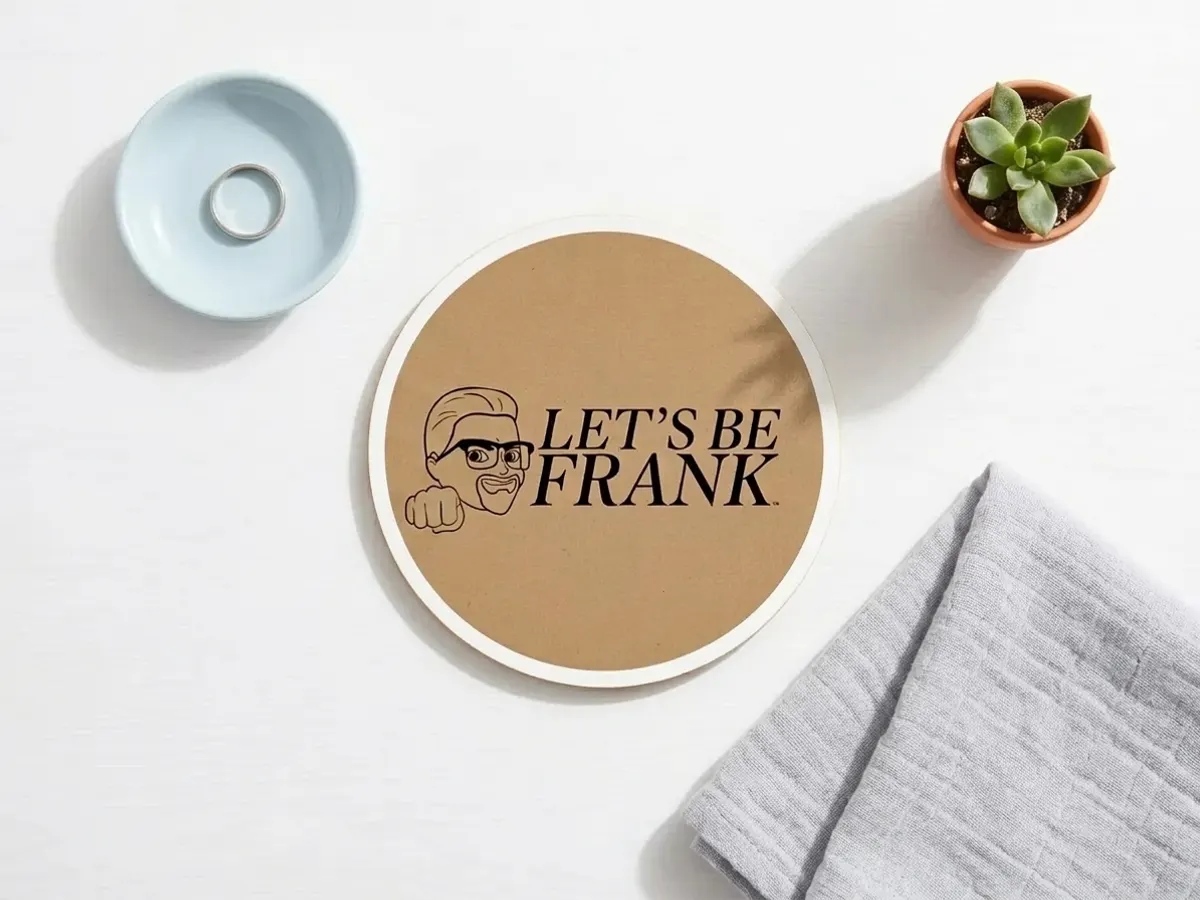 Claim a FREE Pack of Let's Be Frank Mini Stickers, colorful stickers arranged on white surface