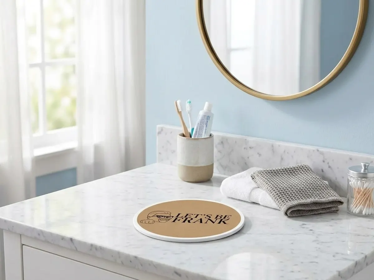 Claim a FREE Pack of Let's Be Frank Mini Stickers, product on bathroom counter by mirror