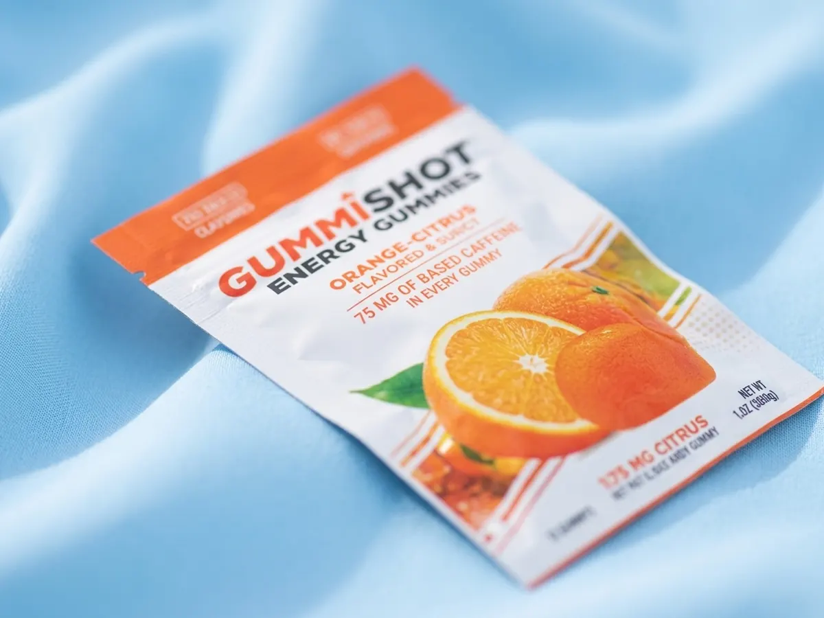 Power Through Your Day, Try GummiShot for FREE, macro detail of packaging and label