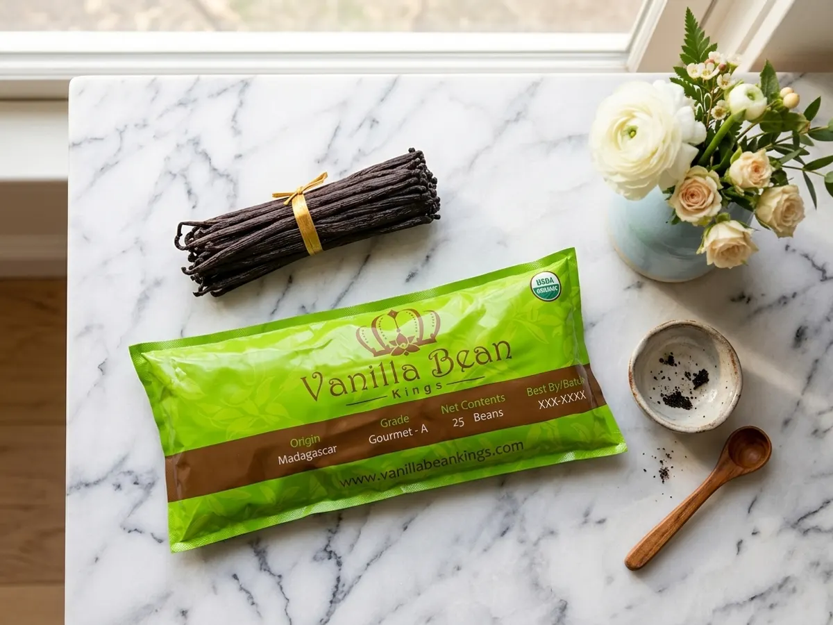 Vanilla Beans for Free from Vanilla Bean King, overhead flat lay with complementary props