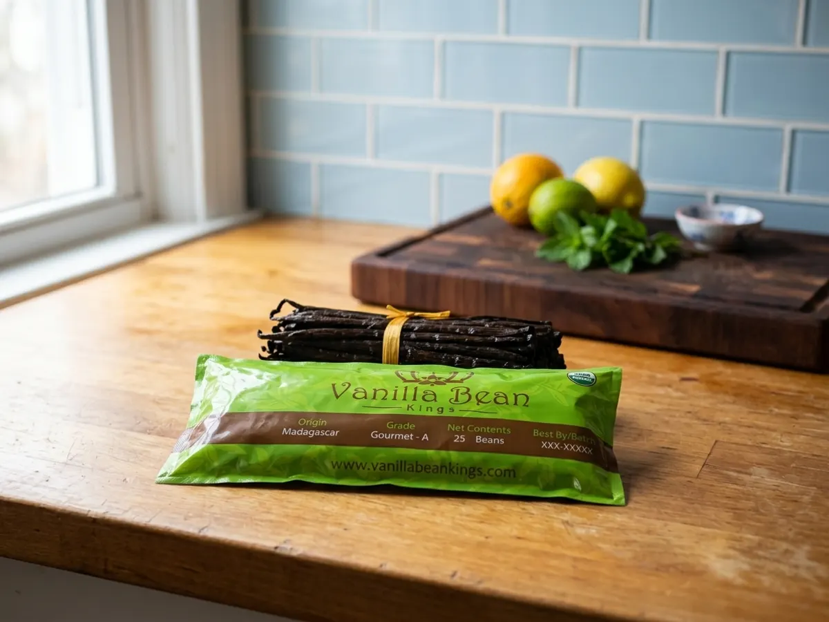 Vanilla Beans for Free from Vanilla Bean King, product displayed on kitchen counter