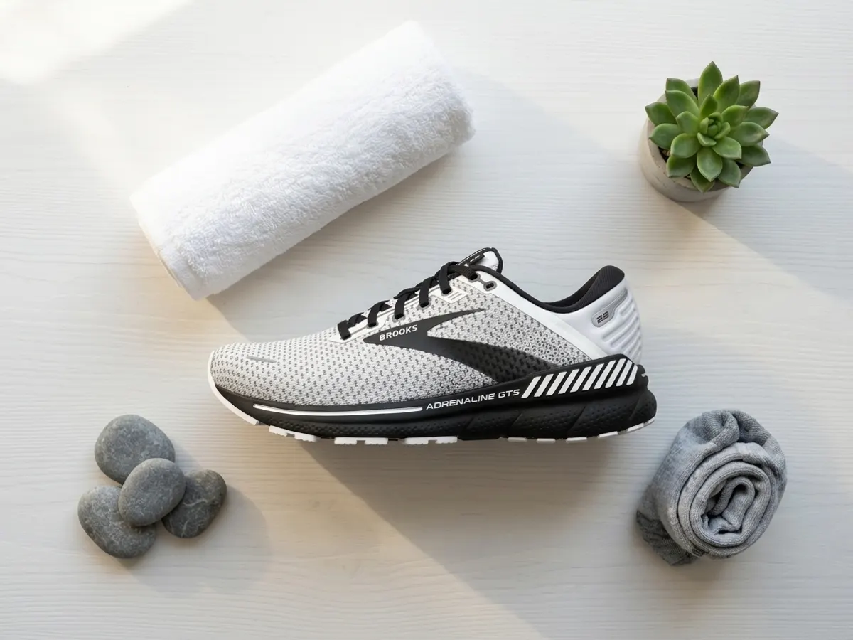 Brooks Shoes & Gear for Free, overhead flat-lay with natural props and daylight