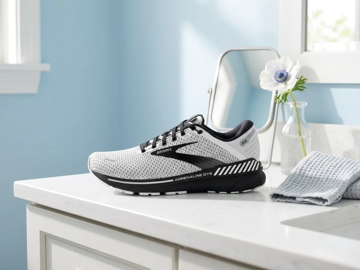 Brooks Shoes & Gear for Free, product displayed on bright bathroom vanity