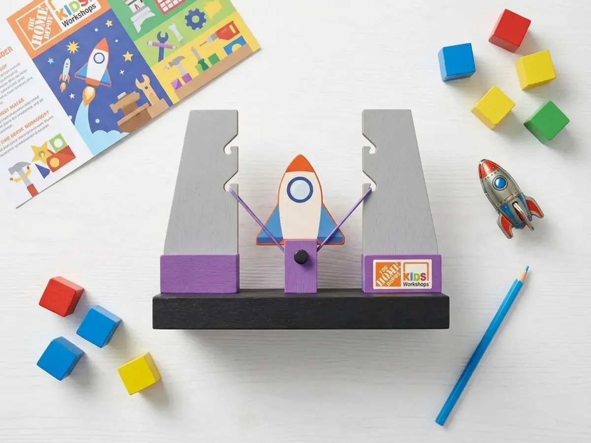 Sign Up for a FREE Kids Rocket Game Workshop at Home Depot, flat lay with colorful blocks and toys