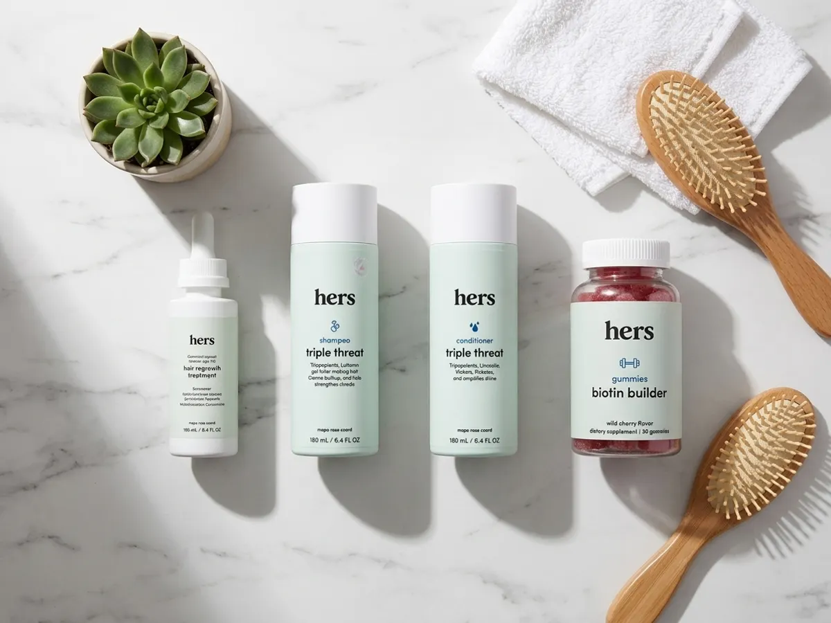 Say Hello to Healthier Hair, Free Hers Hair Care Inside!, flat lay with plant and natural textures