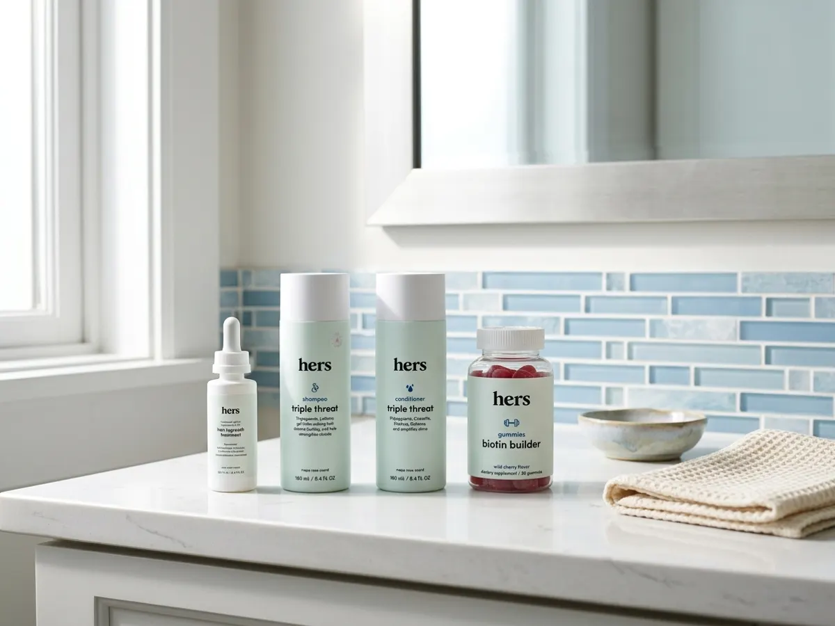 Say Hello to Healthier Hair, Free Hers Hair Care Inside!, product on bright bathroom vanity