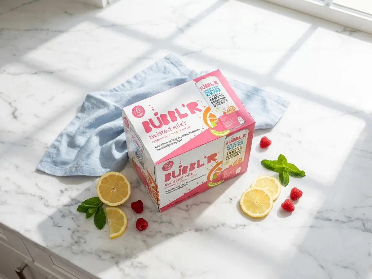 Hydrate and Refresh with a FREE BUBBL’R 6-Pack, refreshing beverage flat lay with citrus