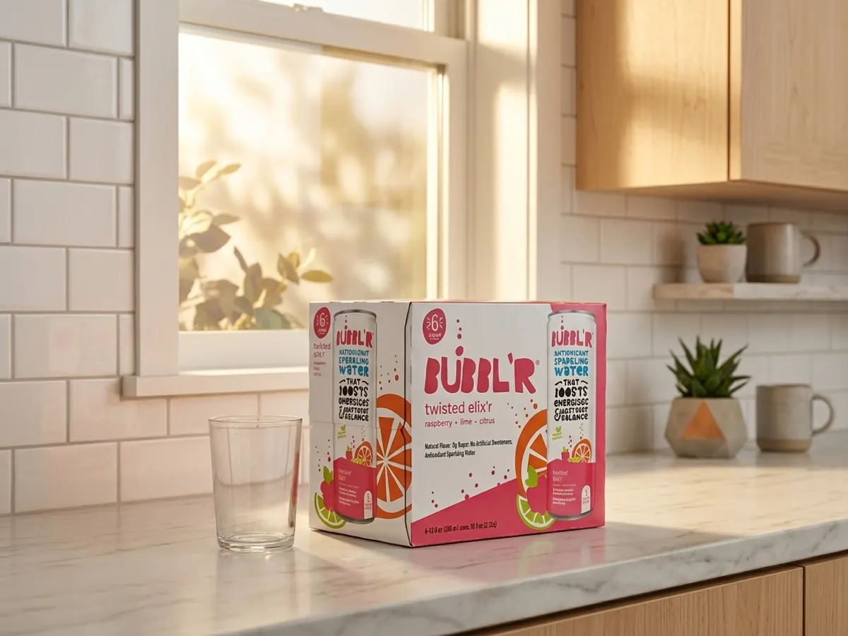 Hydrate and Refresh with a FREE BUBBL’R 6-Pack, drink ready on bright kitchen counter