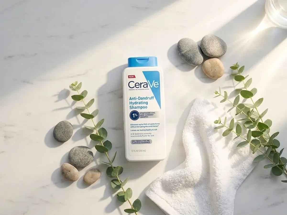 Soothe Your Scalp with a FREE CeraVe Shampoo Sample, flat lay with natural spa elements